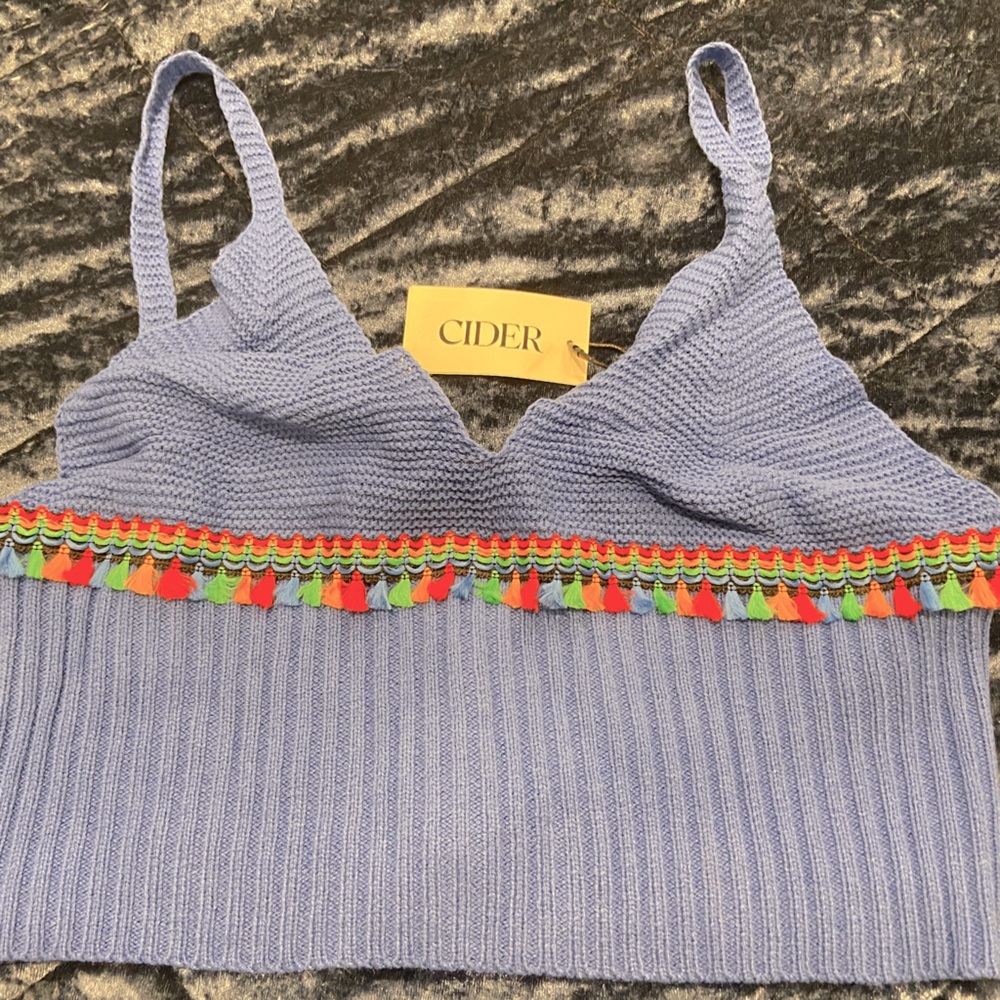 Fun blue crop tank top with colorful tassels. Cider. Size L.